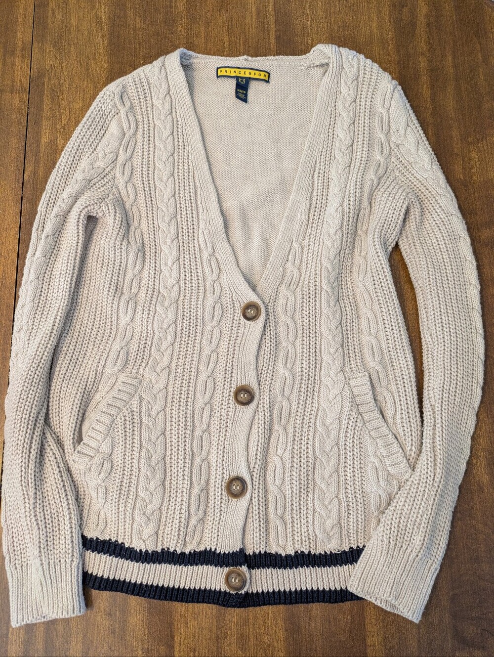 Prince & Fox Cream Cable-Knit Button Cardigan with Navy Trim, varsity Cardigan